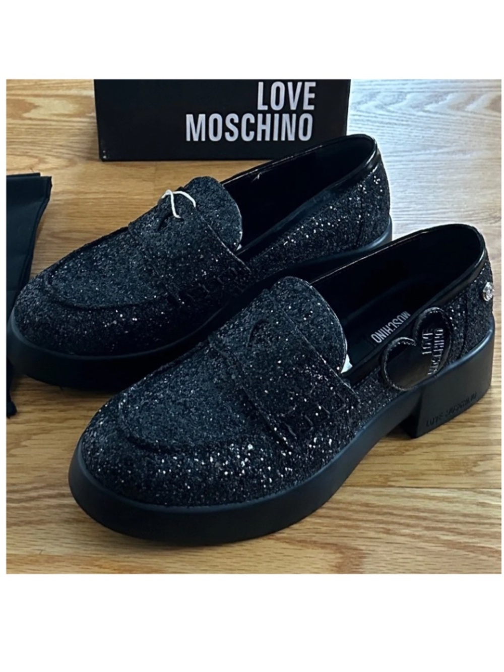 Love Moschino NIB Glitter Nero Taglia Chunky Loafers (38)